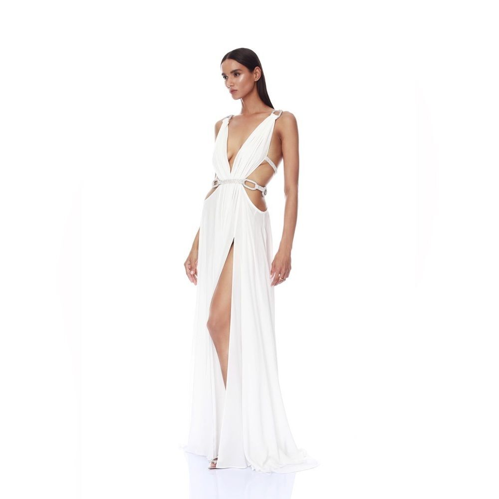 NEW BRONX AND BANCO Elegant White Cutout Plunge Brielle Diamond Gown - Picture 4 of 15